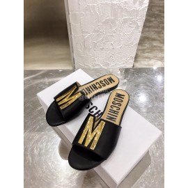 Moschino Spring Summer Gold Letter Sheepskin Slippers For Women Black