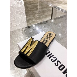 Moschino Spring Summer Gold Letter Sheepskin Slippers For Women Black