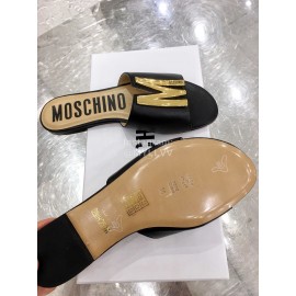 Moschino Spring Summer Gold Letter Sheepskin Slippers For Women Black