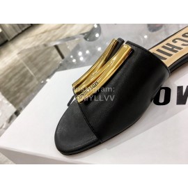 Moschino Spring Summer Gold Letter Sheepskin Slippers For Women Black