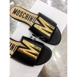 Moschino Spring Summer Gold Letter Sheepskin Slippers For Women Black