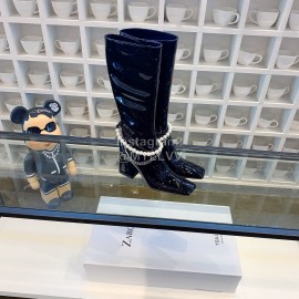 Nina Zarqua Black Leather Pearl Chain High Heeled Boots For Women