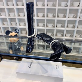 Nina Zarqua Black Leather Pearl Chain High Heeled Boots For Women