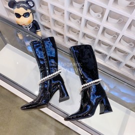 Nina Zarqua Black Leather Pearl Chain High Heeled Boots For Women