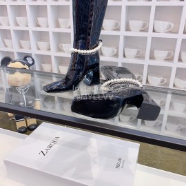 Nina Zarqua Black Leather Pearl Chain High Heeled Boots For Women