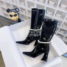 Nina Zarqua Black Leather Pearl Chain High Heeled Boots For Women