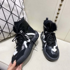 Off White Winter Thick Bottom Lace Up Warm Wool Boots For Women Black