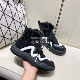 Off White Winter Thick Bottom Lace Up Warm Wool Boots For Women Black