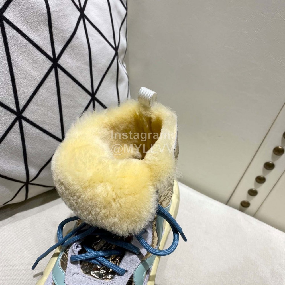 Off White Winter Thick Bottom Lace Up Warm Wool Boots For Women Blue