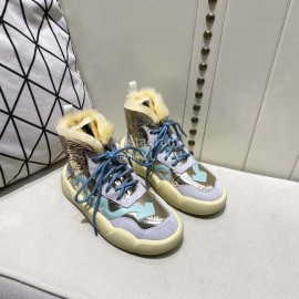 Off White Winter Thick Bottom Lace Up Warm Wool Boots For Women Blue