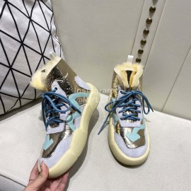 Off White Winter Thick Bottom Lace Up Warm Wool Boots For Women Blue