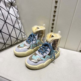 Off White Winter Thick Bottom Lace Up Warm Wool Boots For Women Blue