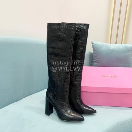 Paris Texas Crocodile Leather Thick High Heeled Long Boots For Women Black