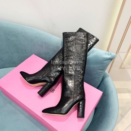 Paris Texas Crocodile Leather Thick High Heeled Long Boots For Women Black