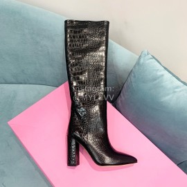 Paris Texas Crocodile Leather Thick High Heeled Long Boots For Women Black