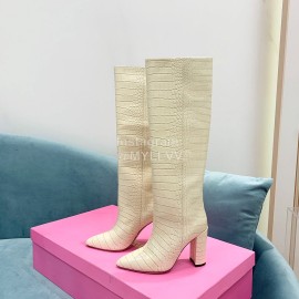 Paris Texas Crocodile Leather Thick High Heeled Long Boots For Women White