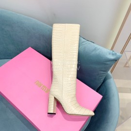 Paris Texas Crocodile Leather Thick High Heeled Long Boots For Women White