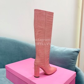 Paris Texas Crocodile Leather Thick High Heeled Long Boots For Women Pink