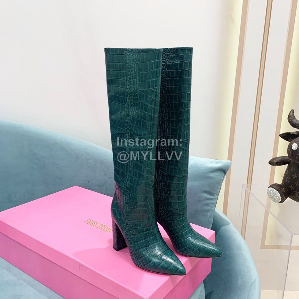 Paris Texas Crocodile Leather Thick High Heeled Long Boots For Women Dark Green