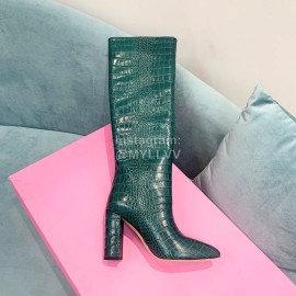 Paris Texas Crocodile Leather Thick High Heeled Long Boots For Women Dark Green
