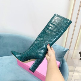Paris Texas Crocodile Leather Thick High Heeled Long Boots For Women Dark Green