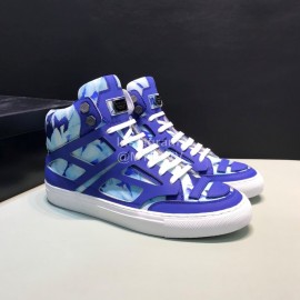 Plein  Camouflage Printing Leather High Top Sneakers For Men Blue