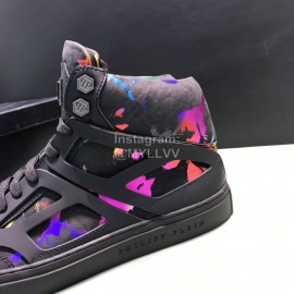 Plein  Camouflage Printing Leather High Top Sneakers For Men Black