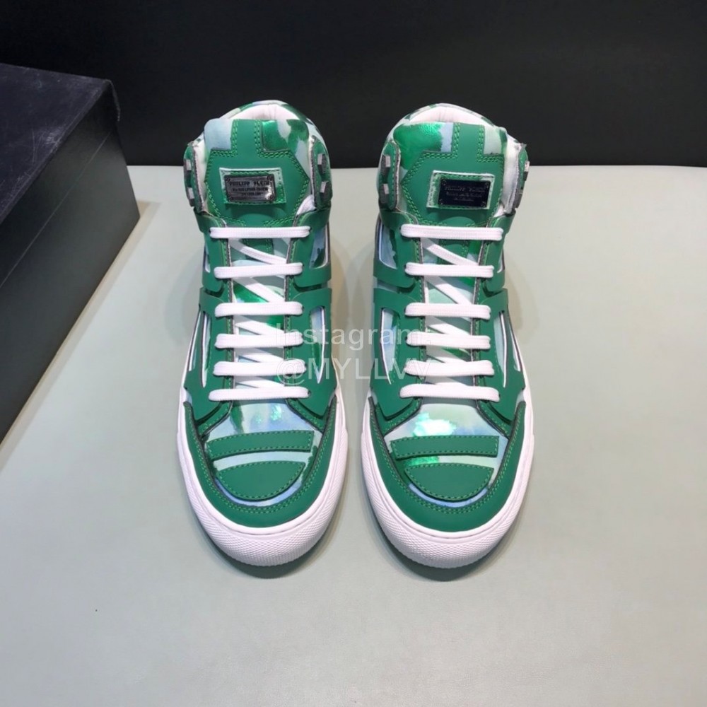 Plein  Camouflage Printing Leather High Top Sneakers For Men Green