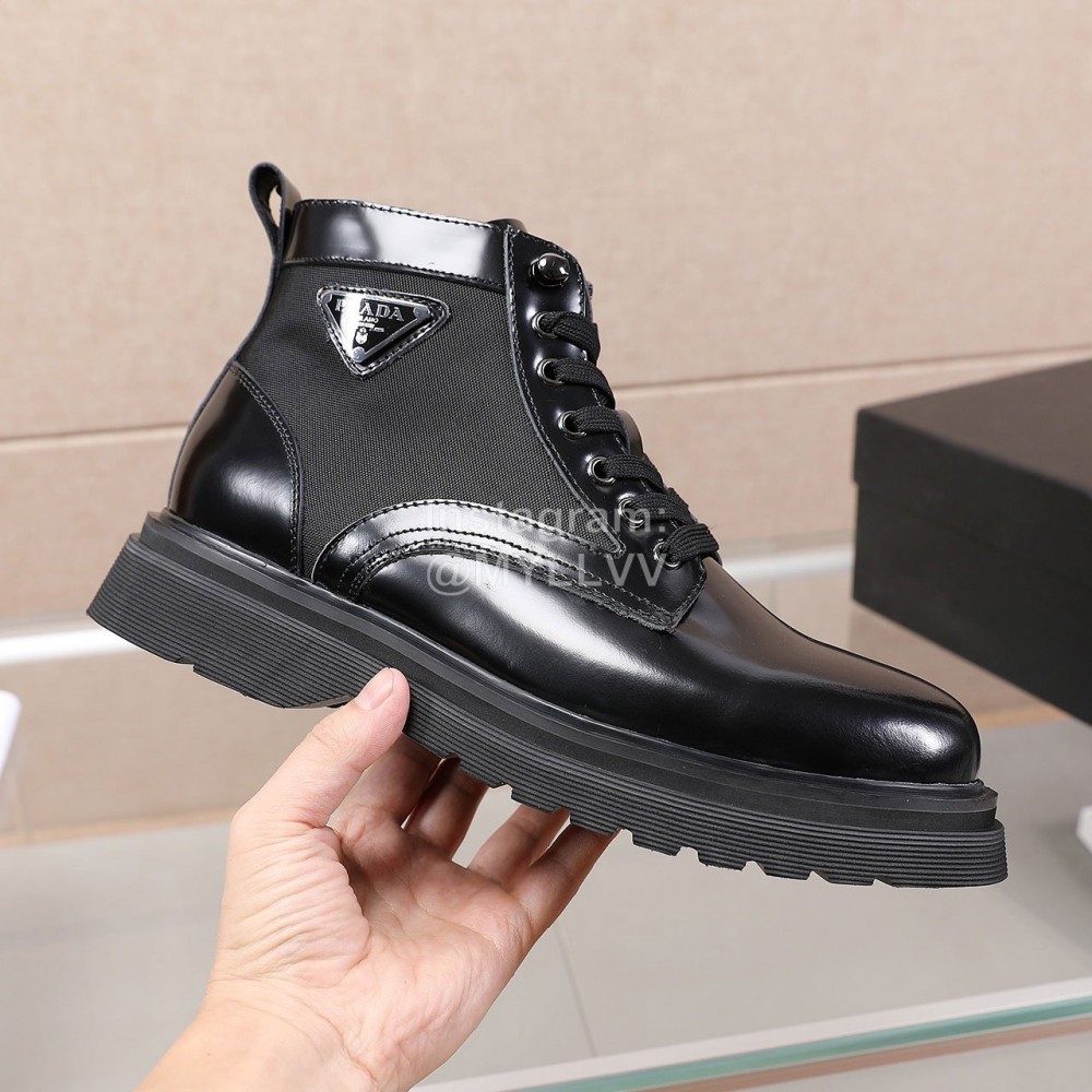 Prada Cowhide Lace Up Thick Soled Short Boots For Men 