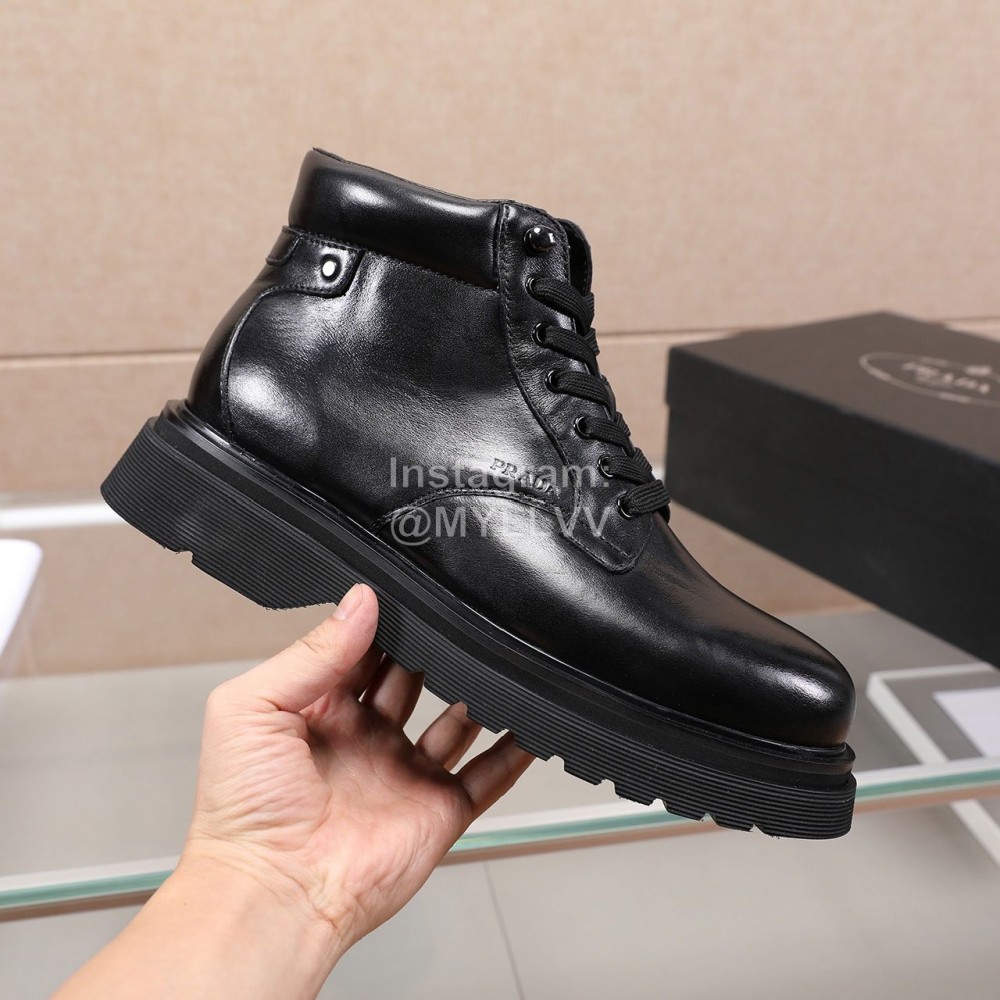 Prada Cowhide Lace Up Thick Soled Short Boots For Men Black