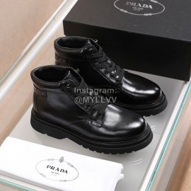 Prada Cowhide Lace Up Thick Soled Short Boots For Men Black