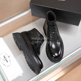 Prada Cowhide Lace Up Thick Soled Short Boots For Men Black