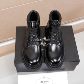 Prada Cowhide Lace Up Thick Soled Short Boots For Men Black