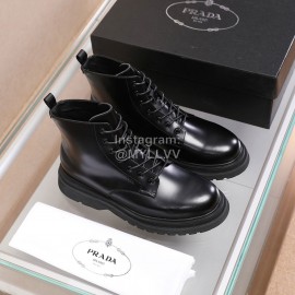 Prada Black Cowhide Lace Up Thick Soled Short Boots For Men 