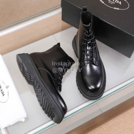 Prada Black Cowhide Lace Up Thick Soled Short Boots For Men 