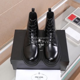 Prada Black Cowhide Lace Up Thick Soled Short Boots For Men 
