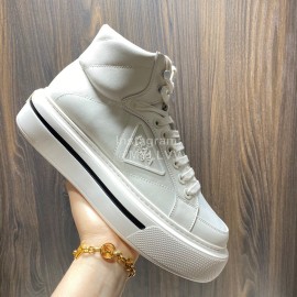 Prada Nylon Leather High Top Macro Sneakers For Men White