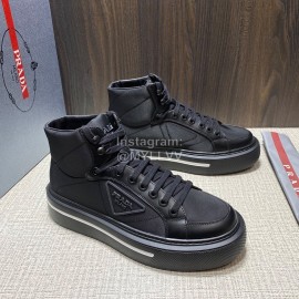Prada Nylon Leather High Top Macro Sneakers For Men Black