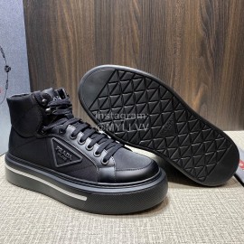 Prada Nylon Leather High Top Macro Sneakers For Men Black