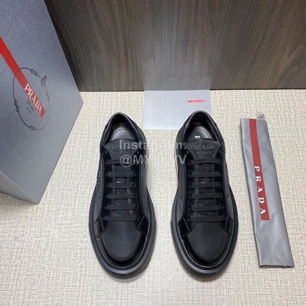 Prada Nylon Leather Thick Soled Macro Sneakers For Men Black