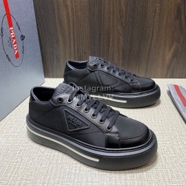 Prada Nylon Leather Thick Soled Macro Sneakers For Men Black