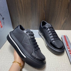 Prada Nylon Leather Thick Soled Macro Sneakers For Men Black