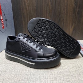 Prada Nylon Leather Thick Soled Macro Sneakers For Men Black