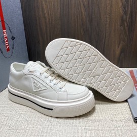 Prada Nylon Leather Thick Soled Macro Sneakers For Men White