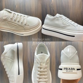 Prada Nylon Leather Thick Soled Macro Sneakers For Men White