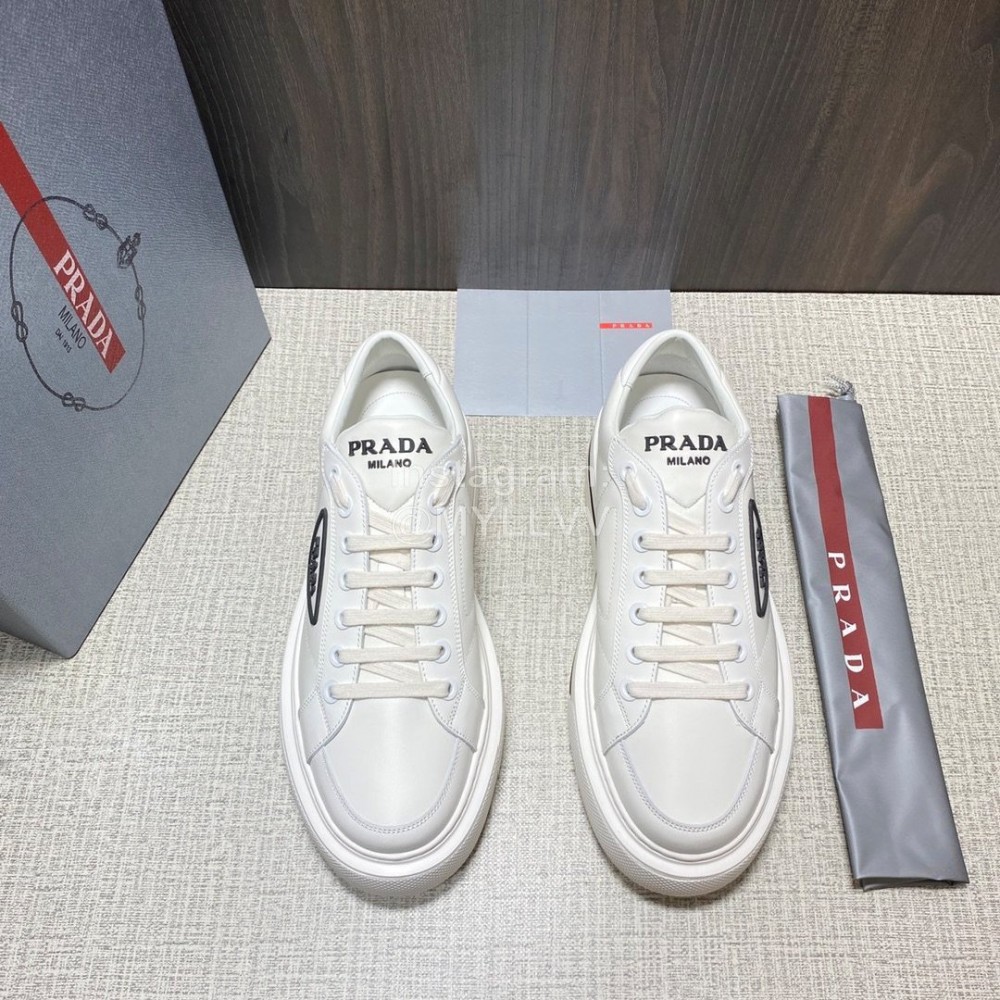 Prada White Nylon Leather Thick Soled Macro Sneakers For Men 
