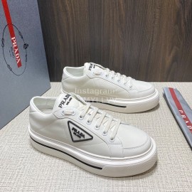 Prada White Nylon Leather Thick Soled Macro Sneakers For Men 
