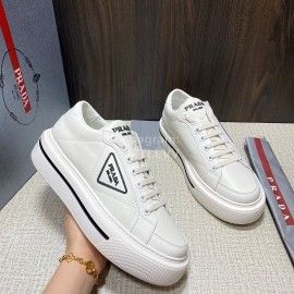 Prada White Nylon Leather Thick Soled Macro Sneakers For Men 
