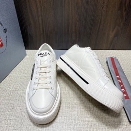 Prada White Nylon Leather Thick Soled Macro Sneakers For Men 