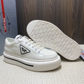 Prada White Nylon Leather Thick Soled Macro Sneakers For Men 